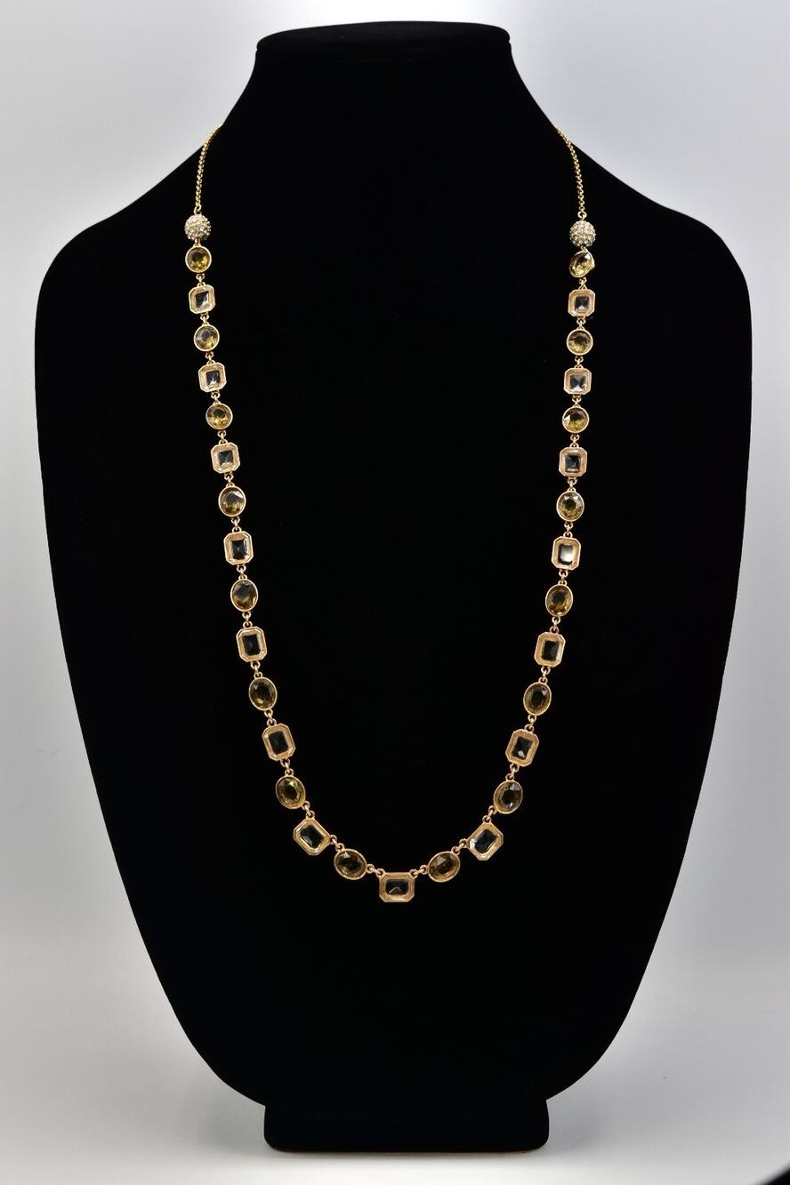 Vintage Ann Taylor Gold Open Bezel Crystal Station Necklace Smoky Quartz Bin3A